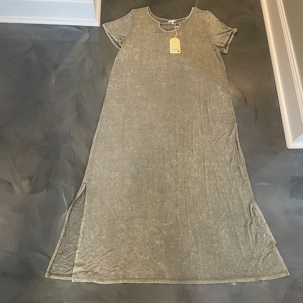 Jodifl Women Gray Mineral Wash Keyhole Maxi Dress Side Slits Size L NEW Boho